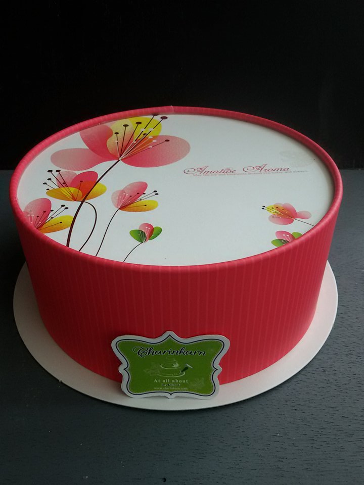 กล่องเค้กกลม ทรงเตี้ย Round cake สีชมพูลายดอกไม้ 16.45*6.7cm